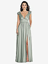 Front View Thumbnail - Willow Green Deep V-Neck Ruffle Cap Sleeve Maxi Dress with Convertible Straps