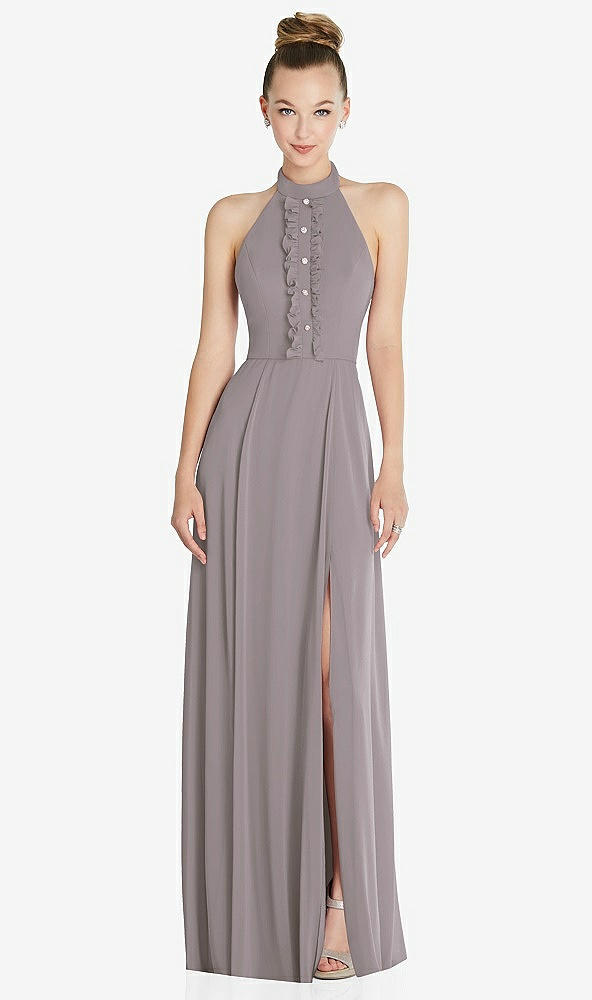 Front View - Cashmere Gray Halter Backless Maxi Dress with Crystal Button Ruffle Placket