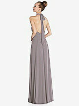 Rear View Thumbnail - Cashmere Gray Halter Backless Maxi Dress with Crystal Button Ruffle Placket