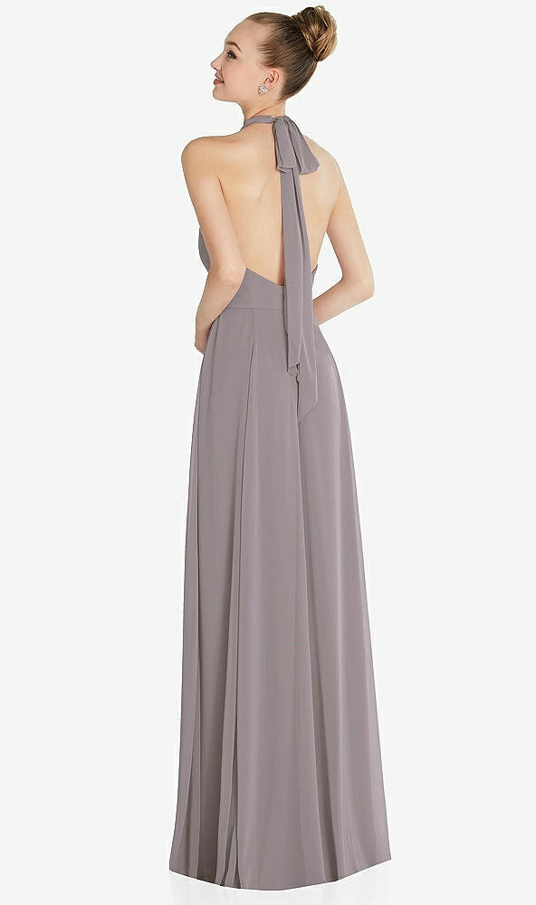 Back View - Cashmere Gray Halter Backless Maxi Dress with Crystal Button Ruffle Placket