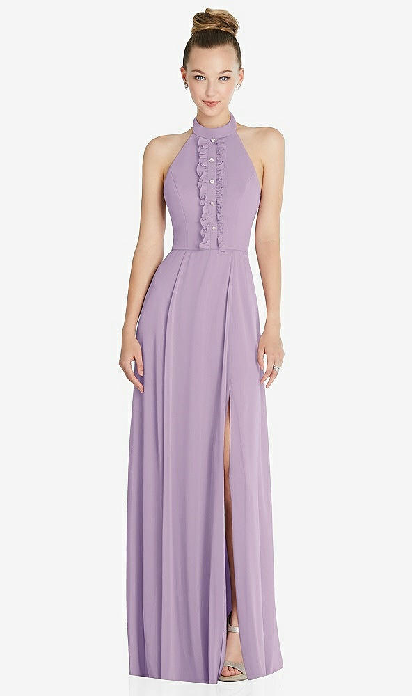 Front View - Pale Purple Halter Backless Maxi Dress with Crystal Button Ruffle Placket