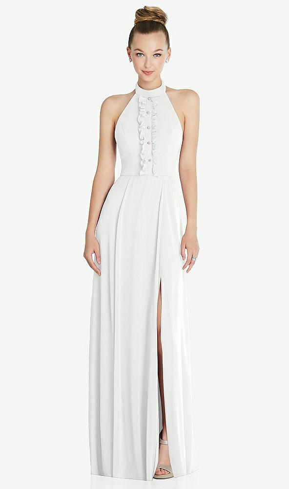 Front View - White Halter Backless Maxi Dress with Crystal Button Ruffle Placket