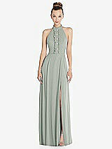 Front View Thumbnail - Willow Green Halter Backless Maxi Dress with Crystal Button Ruffle Placket