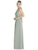 Side View Thumbnail - Willow Green Halter Backless Maxi Dress with Crystal Button Ruffle Placket