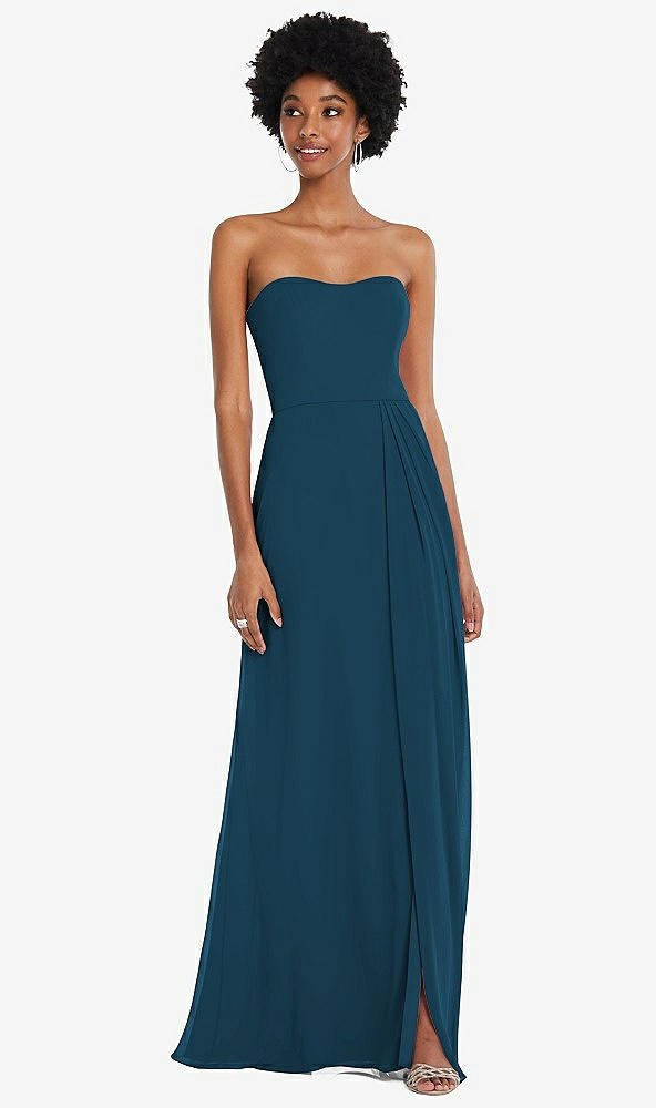 Front View - Atlantic Blue Strapless Sweetheart Maxi Dress with Pleated Front Slit 
