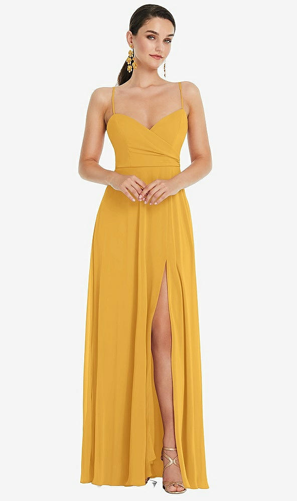 Front View - NYC Yellow Adjustable Strap Wrap Bodice Maxi Dress with Front Slit 
