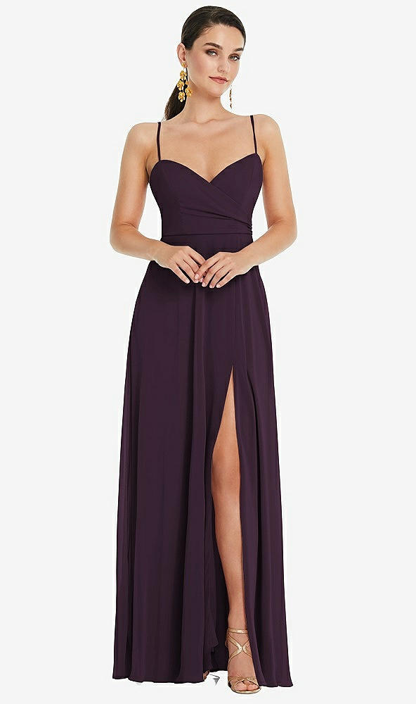 Front View - Aubergine Adjustable Strap Wrap Bodice Maxi Dress with Front Slit 