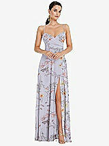 Front View Thumbnail - Butterfly Botanica Silver Dove Adjustable Strap Wrap Bodice Maxi Dress with Front Slit 