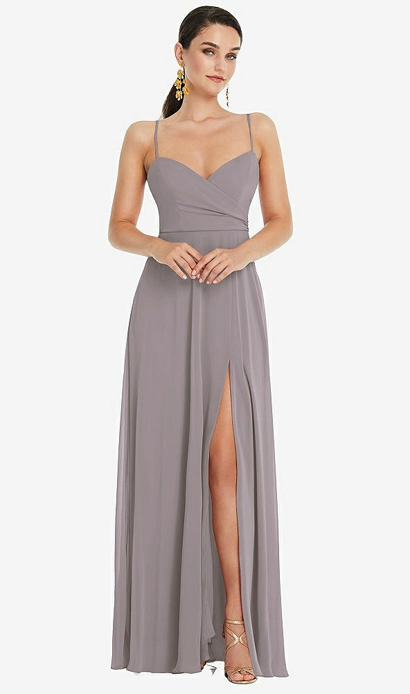 Front View - Cashmere Gray Adjustable Strap Wrap Bodice Maxi Dress with Front Slit 