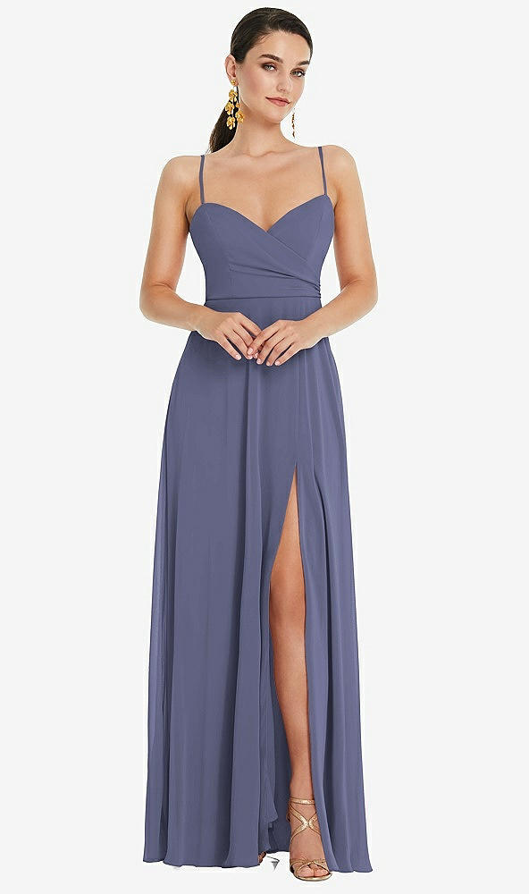 Front View - French Blue Adjustable Strap Wrap Bodice Maxi Dress with Front Slit 