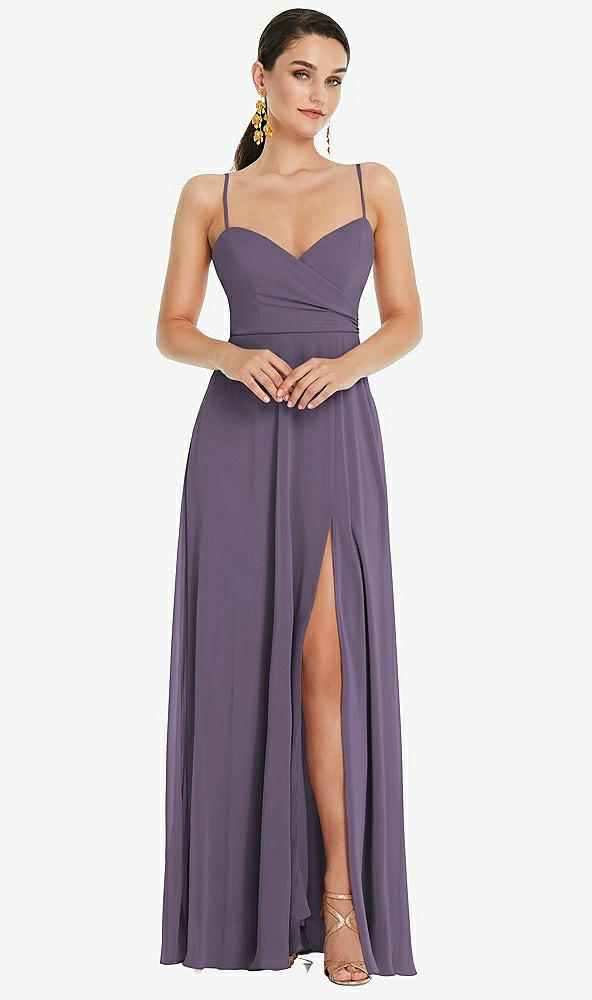 Front View - Lavender Adjustable Strap Wrap Bodice Maxi Dress with Front Slit 