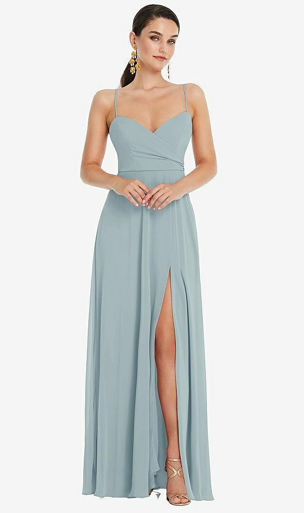 Front View - Morning Sky Adjustable Strap Wrap Bodice Maxi Dress with Front Slit 