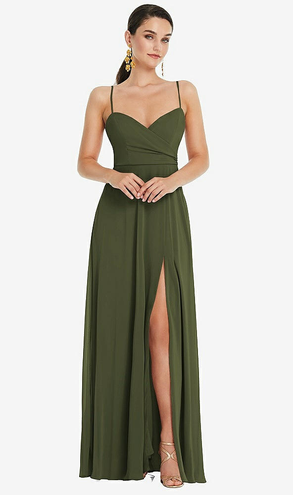 Front View - Olive Green Adjustable Strap Wrap Bodice Maxi Dress with Front Slit 