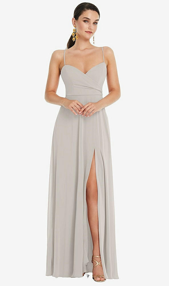 Front View - Oyster Adjustable Strap Wrap Bodice Maxi Dress with Front Slit 