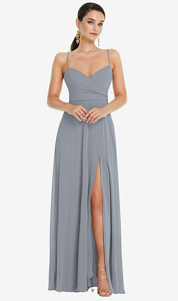 Front View - Platinum Adjustable Strap Wrap Bodice Maxi Dress with Front Slit 