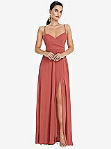 Front View Thumbnail - Coral Pink Adjustable Strap Wrap Bodice Maxi Dress with Front Slit 