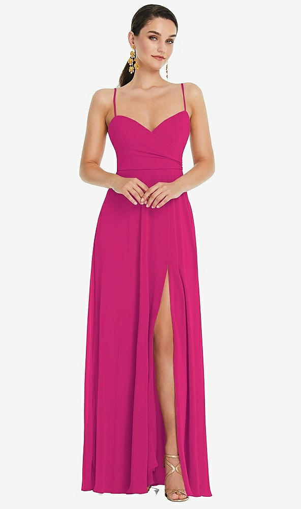 Front View - Think Pink Adjustable Strap Wrap Bodice Maxi Dress with Front Slit 
