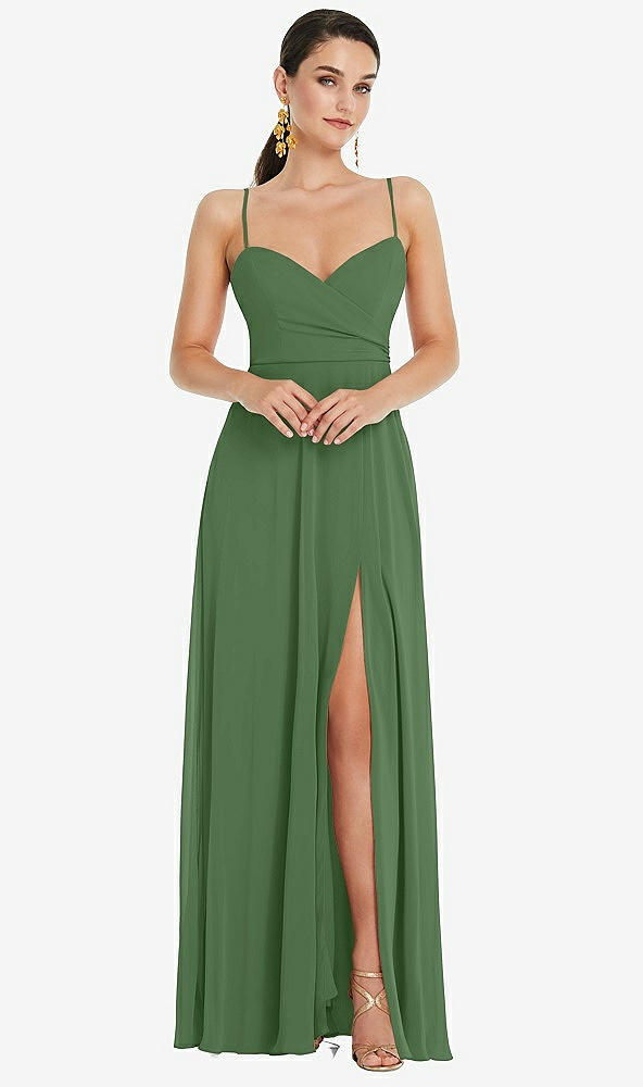 Front View - Vineyard Green Adjustable Strap Wrap Bodice Maxi Dress with Front Slit 