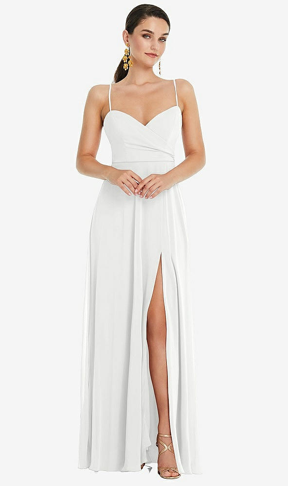 Front View - White Adjustable Strap Wrap Bodice Maxi Dress with Front Slit 