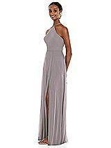 Side View Thumbnail - Cashmere Gray Diamond Halter Maxi Dress with Adjustable Straps