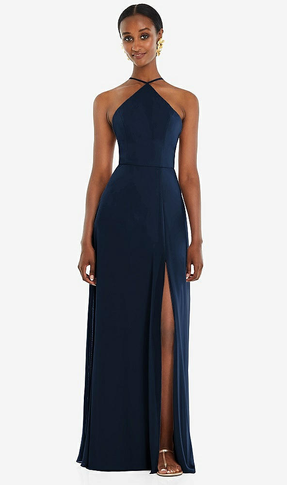 Front View - Midnight Navy Diamond Halter Maxi Dress with Adjustable Straps