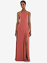 Front View Thumbnail - Coral Pink Diamond Halter Maxi Dress with Adjustable Straps