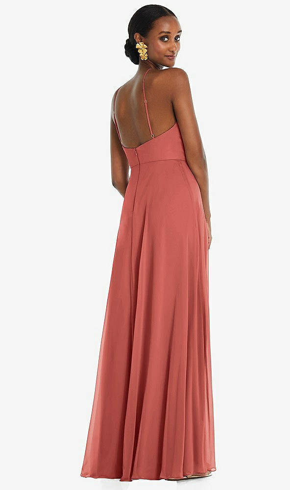Back View - Coral Pink Diamond Halter Maxi Dress with Adjustable Straps