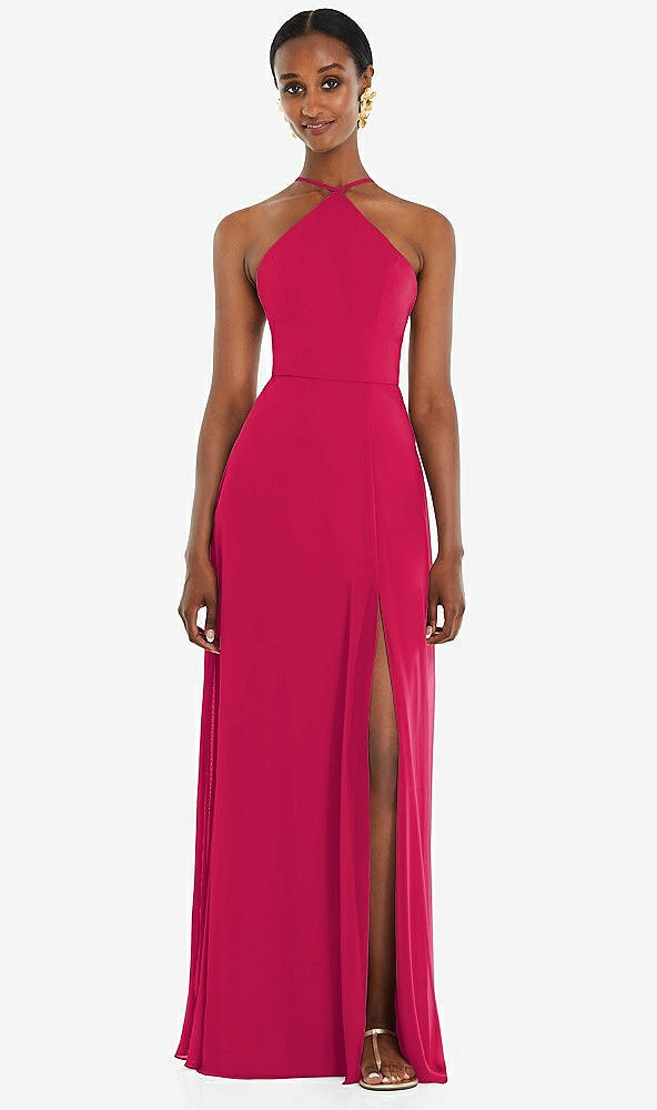 Front View - Vivid Pink Diamond Halter Maxi Dress with Adjustable Straps