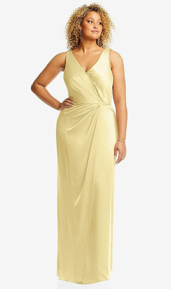 Front View - Pale Yellow Faux Wrap Whisper Satin Maxi Dress with Draped Tulip Skirt