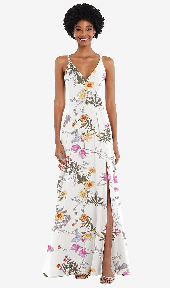 Front View - Butterfly Botanica Ivory Faux Wrap Criss Cross Back Maxi Dress with Adjustable Straps