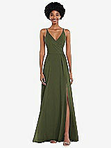 Front View Thumbnail - Olive Green Faux Wrap Criss Cross Back Maxi Dress with Adjustable Straps