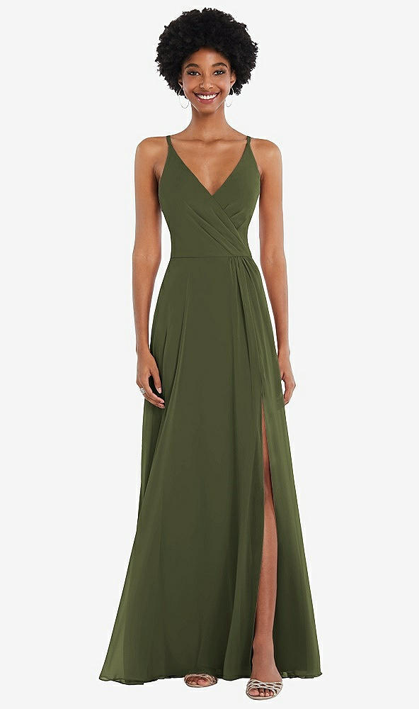 Front View - Olive Green Faux Wrap Criss Cross Back Maxi Dress with Adjustable Straps
