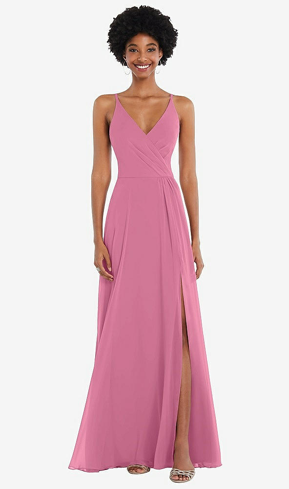 Front View - Orchid Pink Faux Wrap Criss Cross Back Maxi Dress with Adjustable Straps