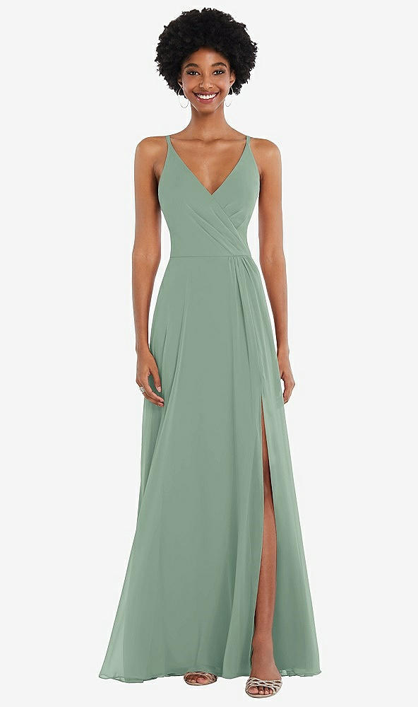 Front View - Seagrass Faux Wrap Criss Cross Back Maxi Dress with Adjustable Straps