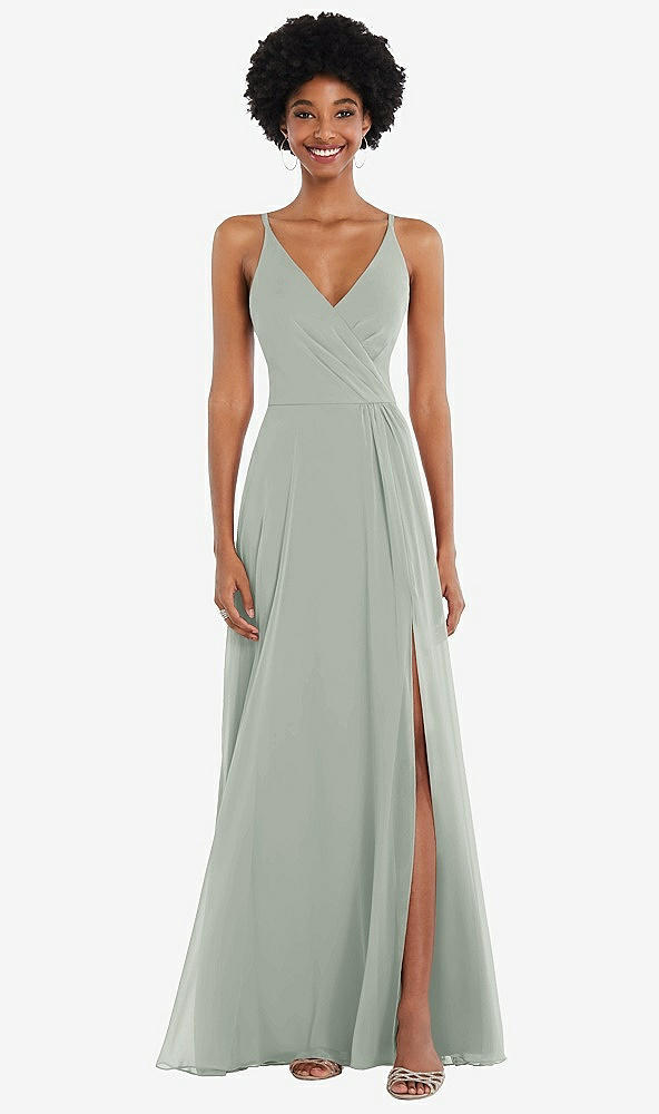 Front View - Willow Green Faux Wrap Criss Cross Back Maxi Dress with Adjustable Straps