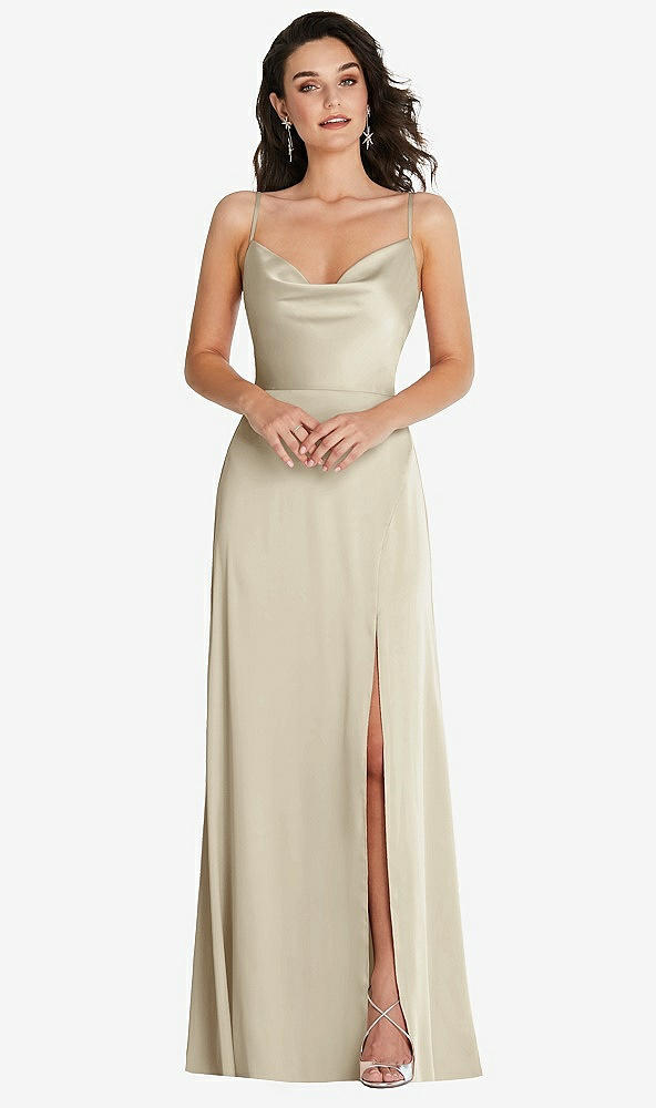Front View - Champagne Cowl-Neck A-Line Maxi Dress with Adjustable Straps
