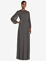 Front View Thumbnail - Caviar Gray Strapless Chiffon Maxi Dress with Puff Sleeve Blouson Overlay 