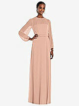 Front View Thumbnail - Pale Peach Strapless Chiffon Maxi Dress with Puff Sleeve Blouson Overlay 