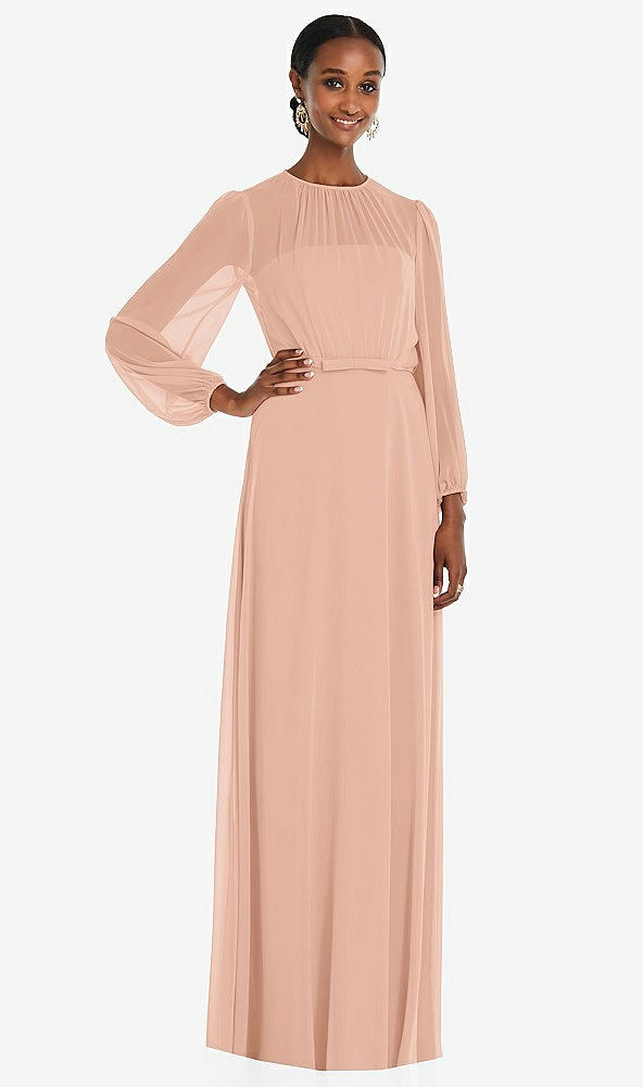 Front View - Pale Peach Strapless Chiffon Maxi Dress with Puff Sleeve Blouson Overlay 