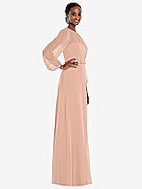 Side View Thumbnail - Pale Peach Strapless Chiffon Maxi Dress with Puff Sleeve Blouson Overlay 