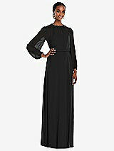 Front View Thumbnail - Black Strapless Chiffon Maxi Dress with Puff Sleeve Blouson Overlay 