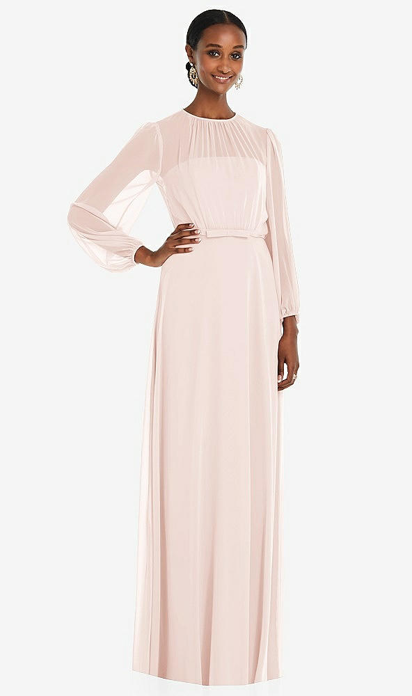 Front View - Blush Strapless Chiffon Maxi Dress with Puff Sleeve Blouson Overlay 