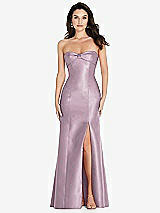 Front View Thumbnail - Suede Rose Bow Cuff Strapless Princess Waist Trumpet Gown