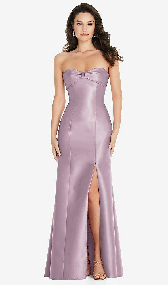 Front View - Suede Rose Bow Cuff Strapless Princess Waist Trumpet Gown