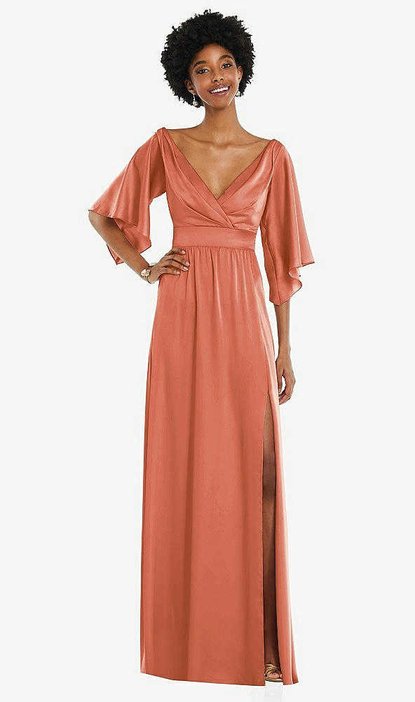 Front View - Terracotta Copper Asymmetric Bell Sleeve Wrap Maxi Dress with Front Slit