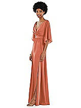Side View Thumbnail - Terracotta Copper Asymmetric Bell Sleeve Wrap Maxi Dress with Front Slit