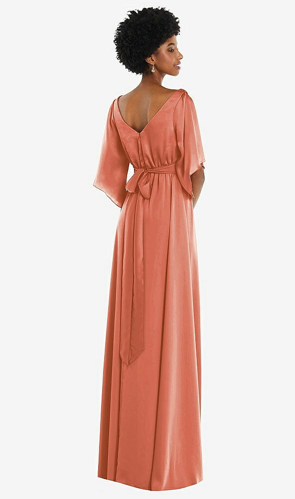 Back View - Terracotta Copper Asymmetric Bell Sleeve Wrap Maxi Dress with Front Slit