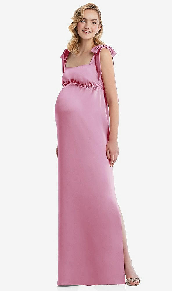 Front View - Powder Pink Flat Tie-Shoulder Empire Waist Maternity Dress
