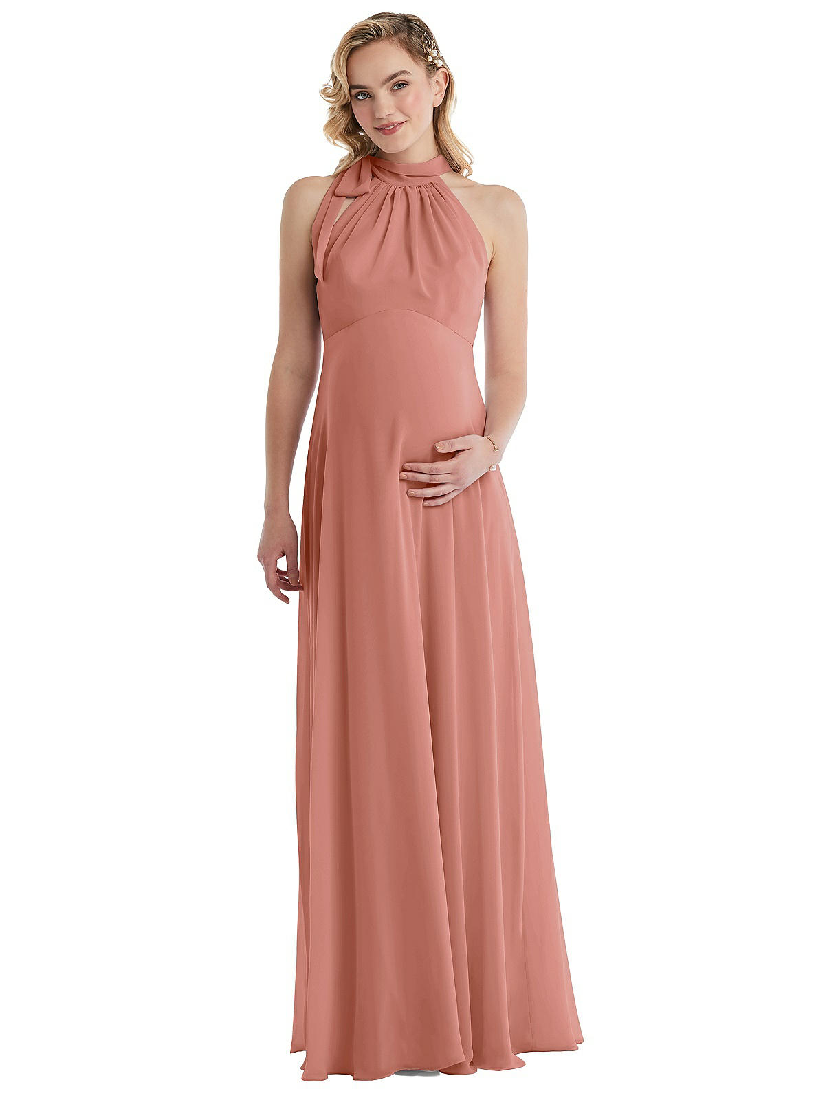 Scarf Tie High Neck Halter Chiffon Maternity Bridesmaid Dress In