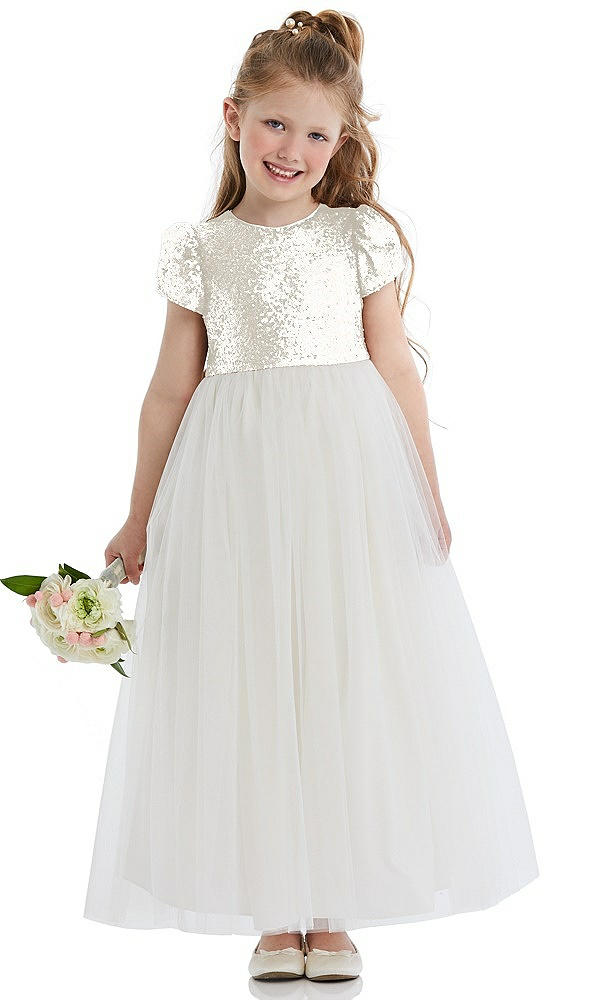 Front View - Ivory Puff Sleeve Sequin and Tulle Flower Girl Dress
